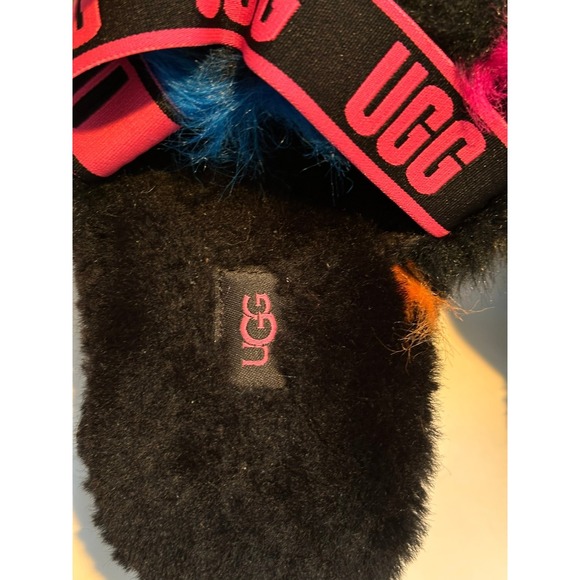 UGG Fluff Yeah Slide Slippers Rainbow Fur Black Pink Logo Womens Size 8 - Picture 5 of 8